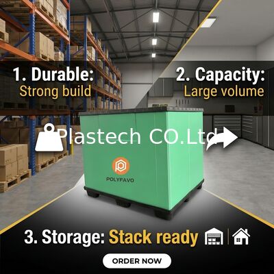  Collapsible Pallet Box, Returnable Bulk Container 10mm 12mm Wall, 300kg Dynamic 500kg Static Load, Custom Color Logo Print